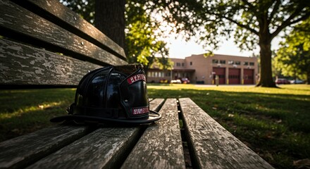 Elmhurst Firefighter's Helmet Resting on a Park Bench