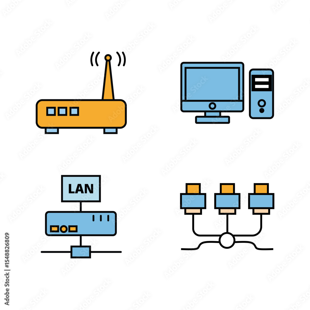 Poster a set of colorful icons representing networking: wi-fi router, desktop computer, lan connection, and
