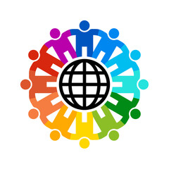 People holding hands forming a gear around of world globe symbol. Vector isolated on white background.	
