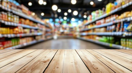A wooden table surface with a blurred supermarket aisle full of various products in the background.