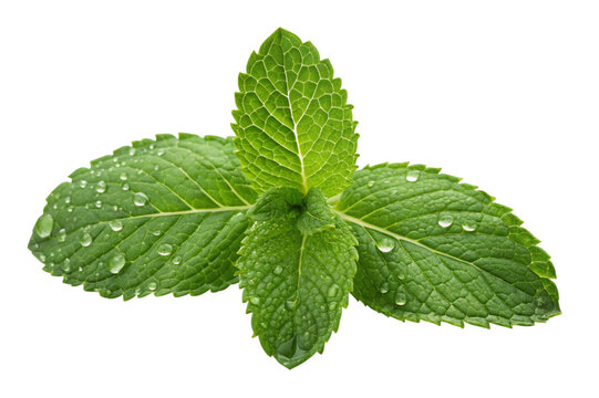 Fresh green mint sprig with dew drops isolated on transparent background