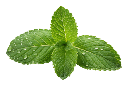 Fresh green mint sprig with dew drops isolated on transparent background
