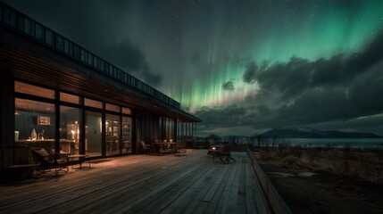 Fototapeta premium Cozy cabin with aurora borealis under starry sky by a lake