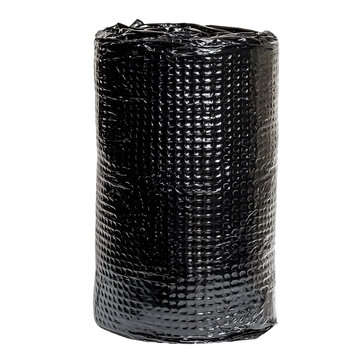 A cylindrical roll of shiny black bubble wrap on white or transparent background