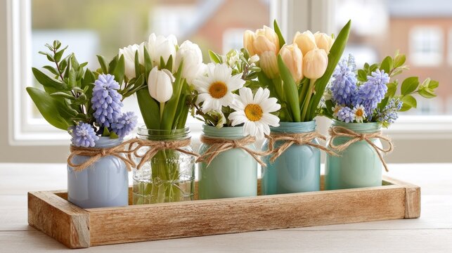 Rustic spring floral arrangement in pastel jars on wooden tray by window