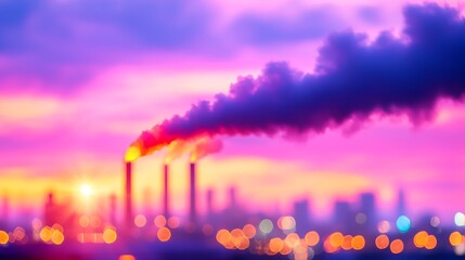 Industrial Factory at Sunset with Smoke Plumes