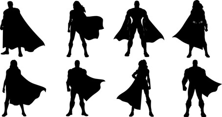 super hero set silhouettes vector illustration. Men and women super hero silhouettes