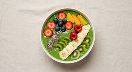 Delicious Green Smoothie Bowl Topped with Fresh Strawberries Kiwi Banana Blueberries Raspberries