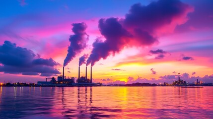 Industrial Factory at Sunset with Vibrant Sky and Water Reflection