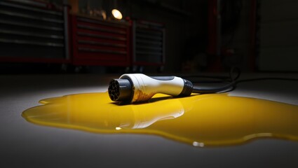 Electric Vehicle Charging Plug Resting in Yellow Liquid Inside Garage Workshop