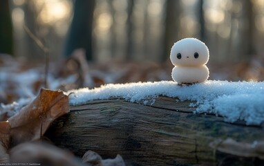 Tiny, fluffy creature with eyes sits on snow-covered log, autumn forest bokeh background