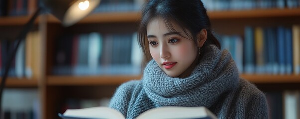 Female Asian student studying and reading a book in the library, focused on her academic work., Generative AI