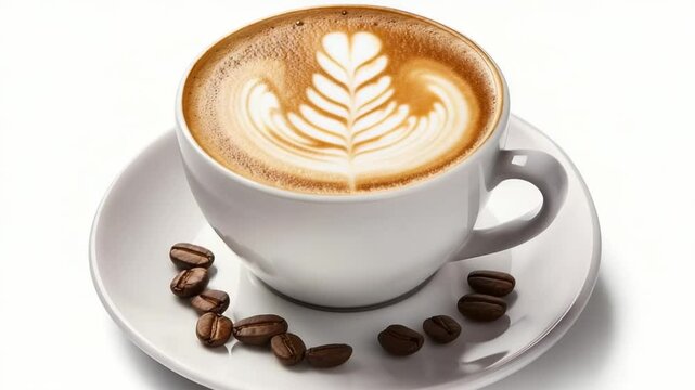 Gourmet latte art with intricate designs presented in a white cup along with roasted coffee beans on a plate