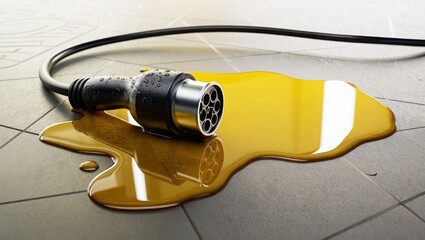Black Electric Vehicle Charging Cable Lying in Amber Liquid on Dark Tiled Floor Highlighting Safety Risk