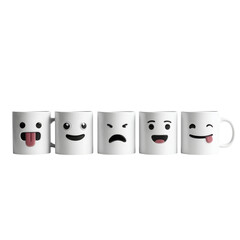 White mugs with emoji faces expressing different emotions for coffee tea and hot drinks set of five on transparent background