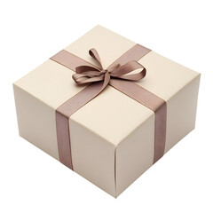 Obraz premium A square cream colored gift box is centered with a brown ribbon and bow set on white or transparent background