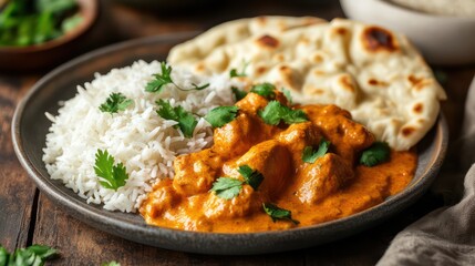 Creamy chicken tikka masala with basmati rice and naan bread, garnished with fresh cilantro