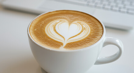 A latte with heart-shaped latte art sits on a table near a keyboard.