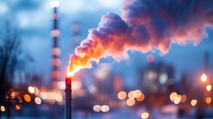 Industrial Smokestacks at Night, Glowing Orange and Purple Smoke