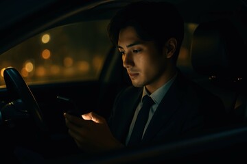 夜の自動車の運転席に座ってスマホを確認している若いサラリーマン