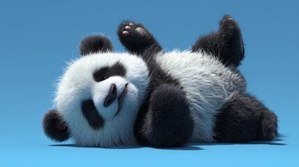 Cute panda cub playfully rolling on blue background