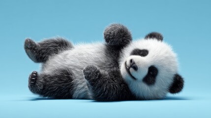 Adorable baby panda playfully rolling on blue background