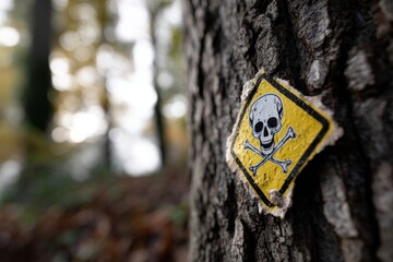 Fototapeta premium Weathered skull and crossbones sign on tree trunk in woodland setting
