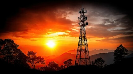 Tower silhouette against bright orange sunset, trees & hills on horizon