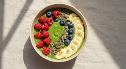 Delicious Green Smoothie Bowl with Raspberries Blueberries Banana Seeds