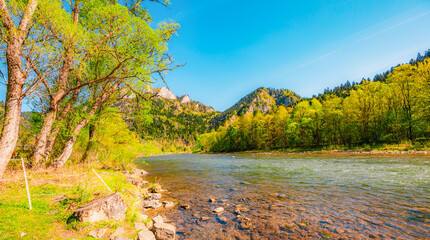 Peak Tri Koruny or Trzy Korony during day with green meadow and trees in spring. Pieniny National park in Slovakia and Poland © Zedspider