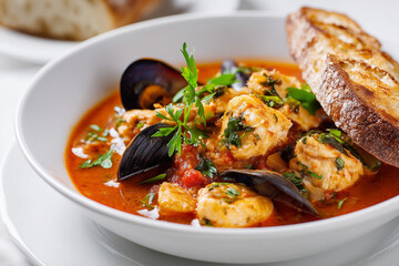 Marche fish stew in bowl on white