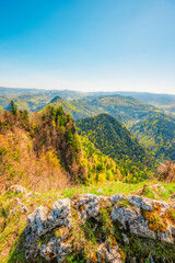Hiking to peak Tri Koruny or Trzy Korony during day. Pieniny National park in Poland. View from the lookout at the top © Zedspider