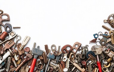 Assorted small metal hardware items piled densely along the bottom edge