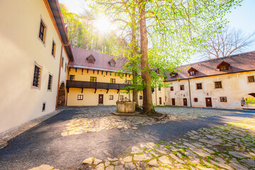 Medieval monastery Cerveny Klastor near Peak Tri Koruny or Trzy Korony in Pieniny National park in Slovakia and Poland © Zedspider