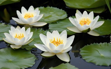 Four white water lilies with bright yellow centers float on dark water among lush green lily pads