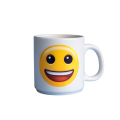 White coffee mug with smiling emoji face great for gift idea or merchandise for happy people to enjoy on transparent background