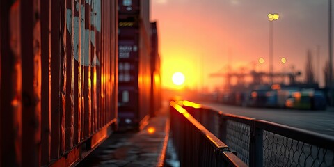 Cargo containers line a dock under a hazy, orange-lit sunset sky