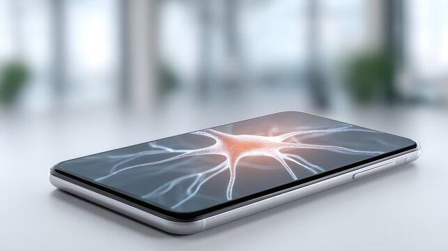A futuristic concept of intelligent mobile applications. The convenience of having AI assist in data analysis and processing in any situation.
