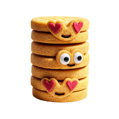 Cute cookies stack with funny faces and hearts for valentine's day sweet treats and bakery concept on transparent background