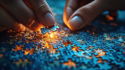 Close up of a person's hands carefully assembling a jigsaw puzzle with blue and orange pieces under warm lighting.