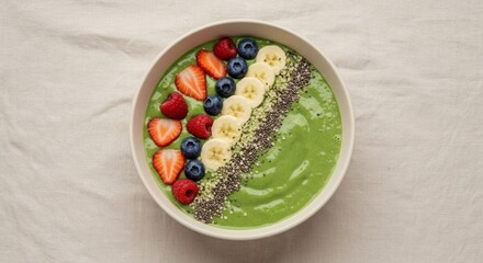 Delicious Green Smoothie Bowl with Strawberries Raspberries Blueberries Banana Chia Seeds
