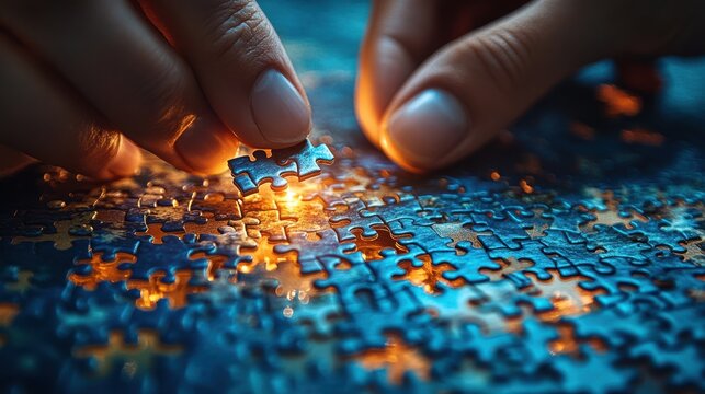 Close up of a person's hands carefully assembling a jigsaw puzzle with blue and orange pieces under warm lighting. - Powered by Adobe