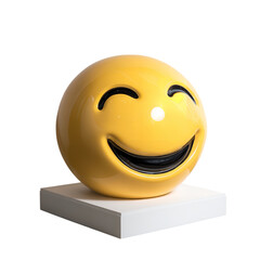 Yellow smiley face emoji ball on white stand happy expression positive vibes social media icon modern art on transparent background