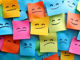 Many colorful sticky notes show hand-drawn smiley and sad faces