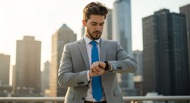Focused professional in city setting checks time on smartwatch with confidence
