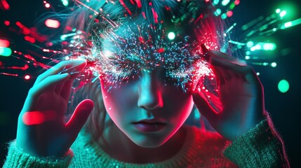 a young girl with a mesmerizing effect beams of colorful light appear to emanate from her forehead, a vivid spectacle. The light consists of various hues, including bright reds, greens, and blues,