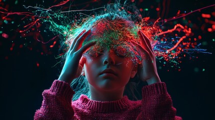a young girl with a mesmerizing effect beams of colorful light appear to emanate from her forehead, a vivid spectacle. The light consists of various hues, including bright reds, greens, and blues,