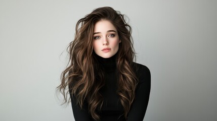 woman with loose hair in her hair in black clothes, in photo studio gray background, blurred face, strong wind, hail, black and white, romantic mood, dreamy soft focus, with vignetting and distortion