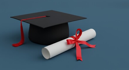 Graduation Cap and Diploma with Red Ribbon on Blue Background