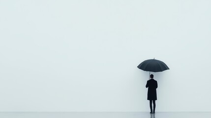 A simple design for an exhibition poster, photo of person holding umbrella in background. with subtle gradient background color from light gray to dark grey,